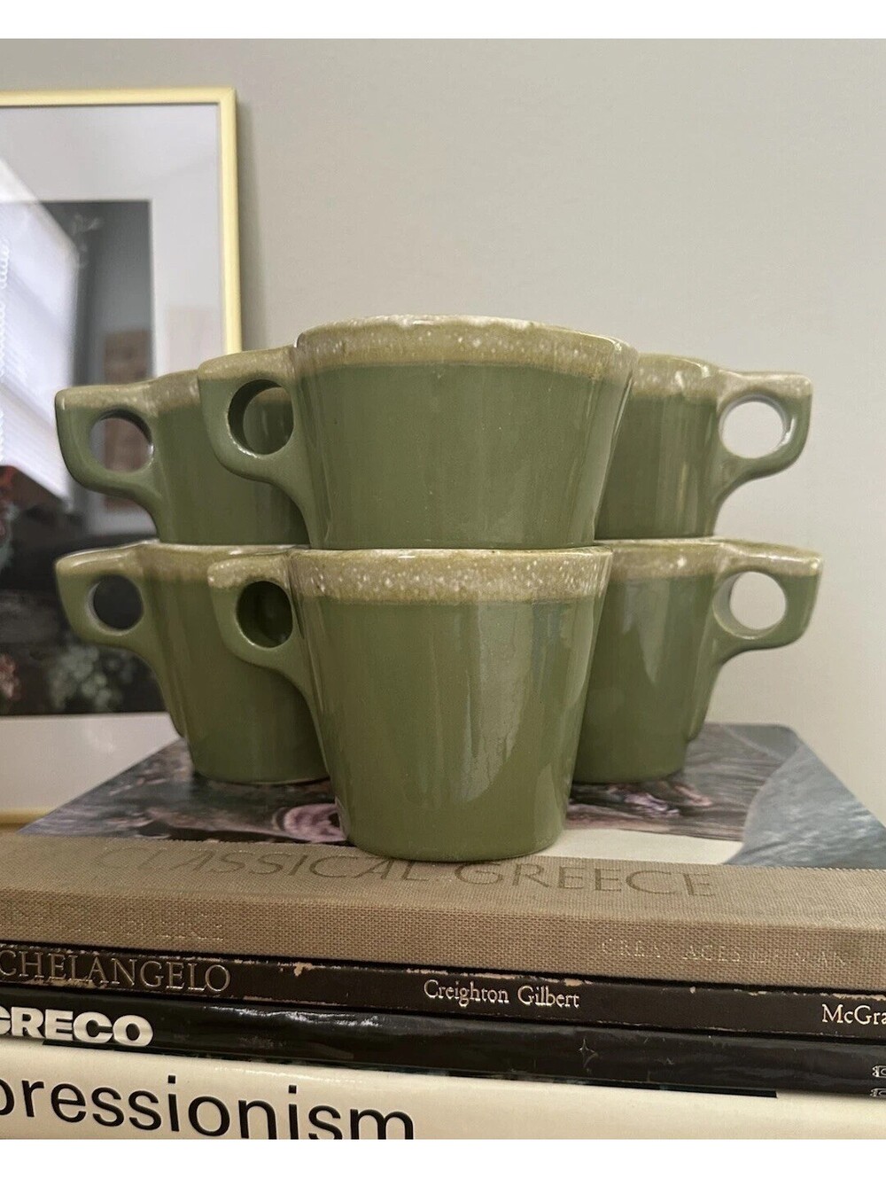 Set Of 6 Vintage 1960s Hull Pottery Sage Green Drip Glaze Mugs MCM Coffee Cups